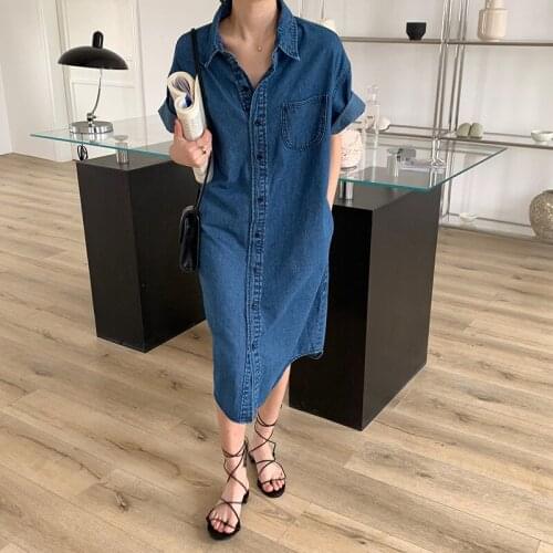 Short-sleeved Denim Shirt Dress with Lapel for Women Spring/Summer 2021 Single-breasted Midi Maxi