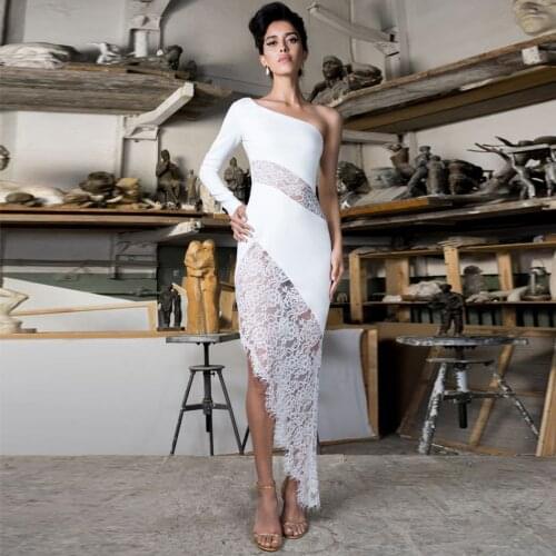 2020 Spring New Women Elegant One Shoulder Long Sleeve Hollow Out Lace Bodycon Dress Summer Sexy Celebrity Evening Party Vestido