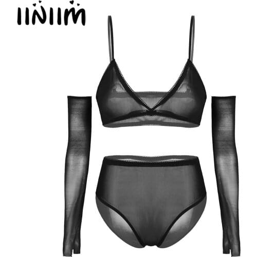 Iiniim Womens Adult Sexy See Through Lace Stretchy Bodysuit Lingerie Exotic Sets Handcuffs Bra With Transparent Briefs Thong