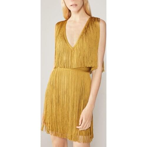 High Quality Autumn Sexy V Neck Tassel Gold Women Bodycon Bandage Dress Designer Elegant Evening Party Dress Vestido