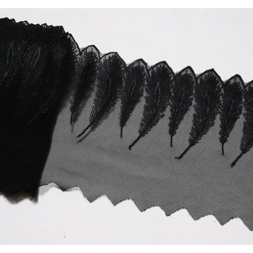 1 Meter 14.5 CM Wide Feather Embroidered Lace Trim Black Soft Mesh Fabric For Lingerie Underwear Bra Costume Dress Decor Craft
