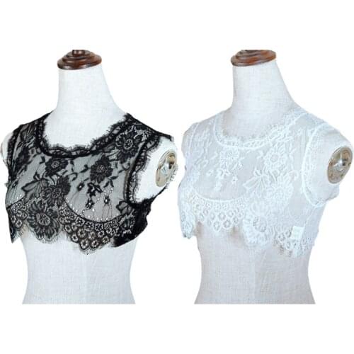 63HC Women Eyelash Floral Lace Sleeveless Vest Crew Neck Decorative Faux Collar Half Shirt Crop Top Sexy See-Through Dickey Neck
