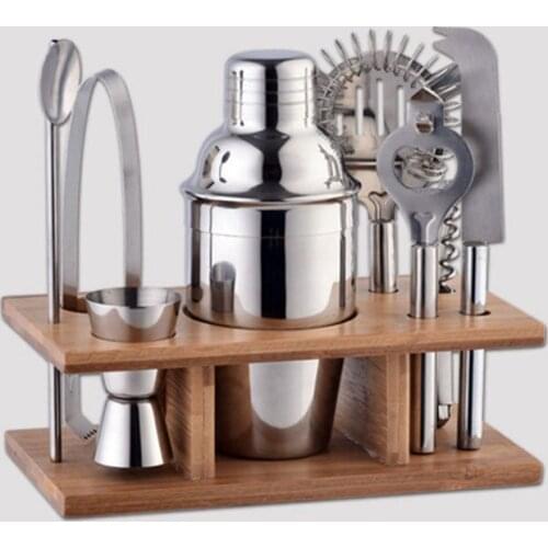 8pcs Stainless Steel Cocktail Shaker Set Jigger Mixing Spoon Tong Barware Bartender Tools w/Wood Storage Stand Bars Mixed Drinks