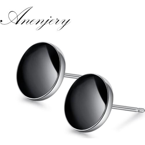 ANENJERY 925 Sterling Silver Black Spot Stud Earrings For Men Women Earrings Brincos Jewelry S-E187