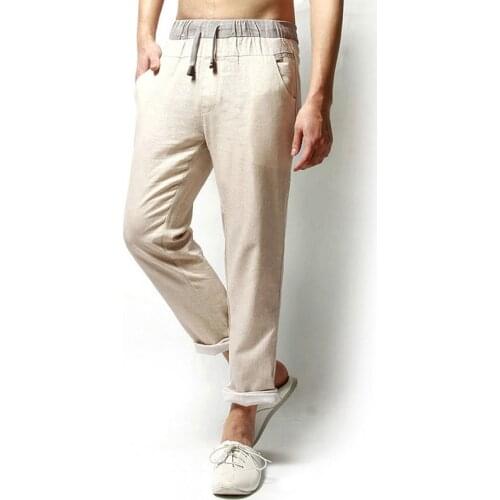 Cotton Linen Pants Men Elastic Drawstring Waist Lounge Joggers Pants Summer Thin Slim-fit Casual Trousers pantalon homme