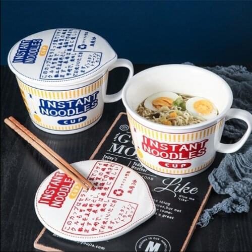 Creative Japanese Instant Noodle Bowl Ceramic Bowls With Cover Soup Bowl Cereal Bowl Student Dormitory Bowl Noodle Cup with Lid