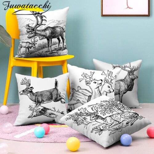 Fuwatacchi Christmas Elk Printed Cushion Cover Geometric Deer Photo Pillow Covers for Home Sofa Chair Decor Pillowcases 45x45cm