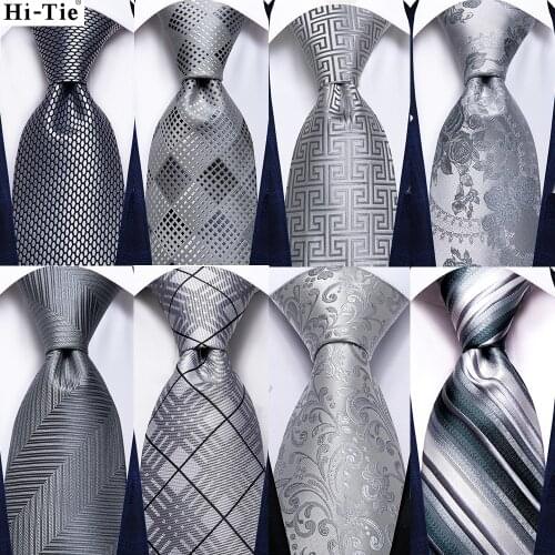 Hi-Tie Silver Solid Novelty Designer Silk Wedding Tie Gravata For Men Hanky Cufflink Set Fashion Business Party Dropshipping