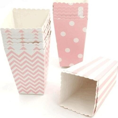 6/12pc Pink Dot Wave Striped Paper Popcorn Box Pop Corn Candy Sanck Favor Bag Xmas Wedding Kid Birthday Party Decoration