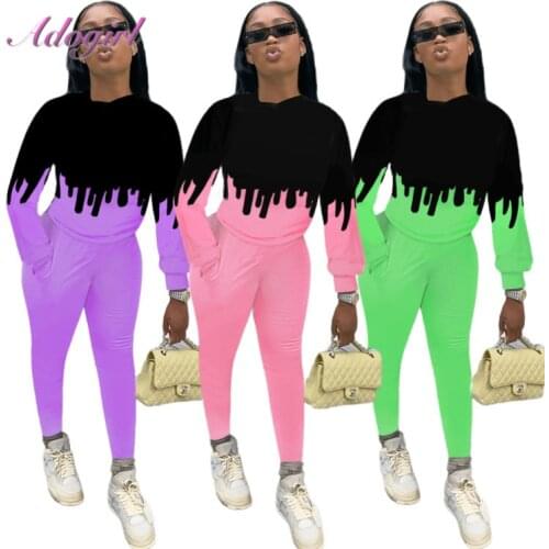 Women Fitness Workout Two Piece Sets Casual Graffiti Print Patchwork Long Sleeve Sweatshirt Joggers Pant Suit Outfit Tracksuit