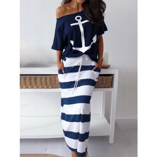 2020 Summer Elegant Vacation Leisure Two-pieces Suit Sets Ladies Boat Anchor Print T-Shirt & Striped Maxi Skirt Sets