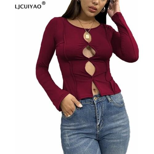 LJCUIYAO Sexy Solid Hollow Out Top Long Sleeve O-Neck T-Shirt Woman 2021 Casual Autumn Spring Girls Street Club Party Clothes