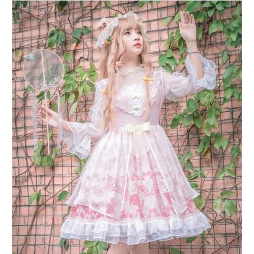 Cute Kawaii Lolita Sakura Print OP Long Sleeve Dress Pink Princess Dress Cos Retro Gothic Court Loli Tea Party Vestidos