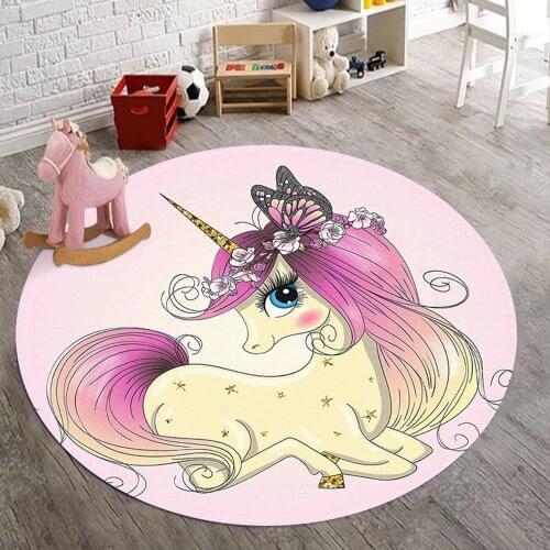 Cartoon Pink Unicorn 3D Printing Round Carpets for Living Room Bedroom Area Rugs Kids Room Play Mat Child Climbing Floor Rug