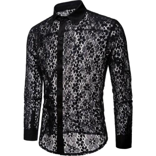 Men Shirts Sexy Long Sleeve Solid Color Lace See Through Clubwear Turn Down Collar Buttons Down skin-friendly Shirt