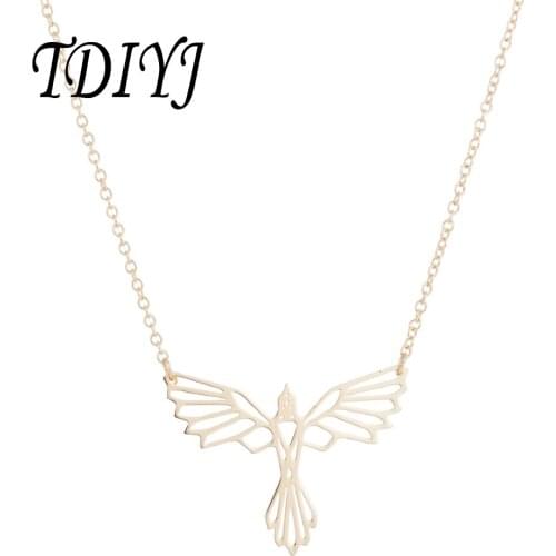 TDIYJ Stainless Steel Origami Phoenix Necklaces Women Men Bird Charm Necklace Long Chain Jewelry Gifts Wholesale