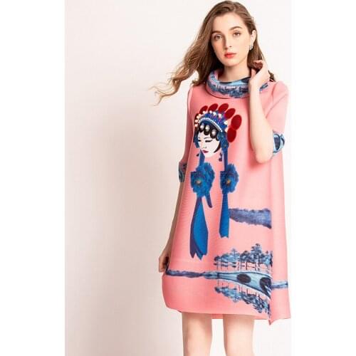 Digital Peking Opera Face Dress New Pearl Fengguan Miyake Dress Fold Fashion Pleats Dresses