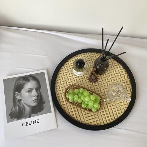 Ins Homemade Wooden Rattan Tray Desktop Jewelry Storage Plate Nordic Style Japanese Photography Props Retro