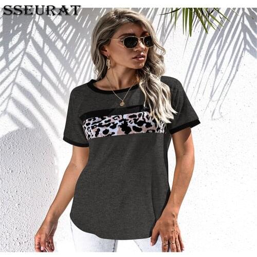 SSEURAT New Fashion Short Sleeve Cotton T Shirt Women O-Neck Leopard Patchwork Tee Shirt Female Loose Summer Tops Streetwear