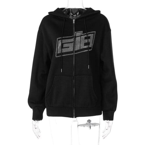 Vintage Solid Letter Hooded Sweatshirts Women Hoodies E-girl Long Sleeve Zipper Hot Drilling Design Autumn Outfits