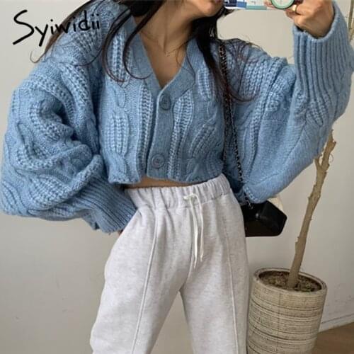 Syiwidii Criss-Cross Cardigan Woman Sweaters Fall Winter 2021 New Long Sleeve V Neck Button Up Jacket Vintage Knitted Short Coat