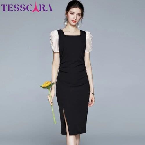 TESSCARA Women Summer Elegant Pencil Dress Festa High Quality Office Party Robe Femme Vintage Designer Square Collar Vestidos