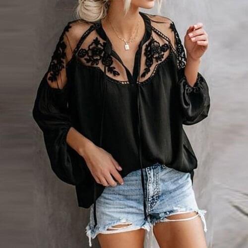Sexy Lace Mesh Shirt Embroidery Patchwork Women Casual Long Sleeve Tops Chiffon Blouse Ladies Loose Tops Shirts Female