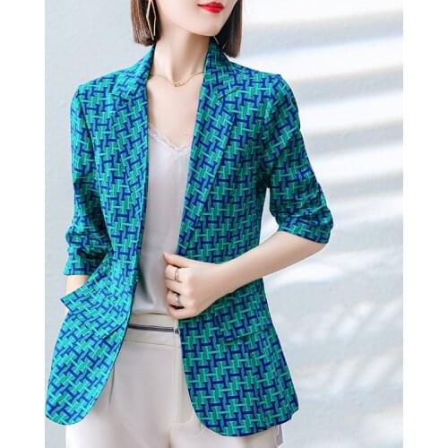 Pure Real Silk Womens Suit 2021 Elegant Notched Collar Half Sleeve Letter Printed Female Blazers Jackets Office Lady Slim Coat