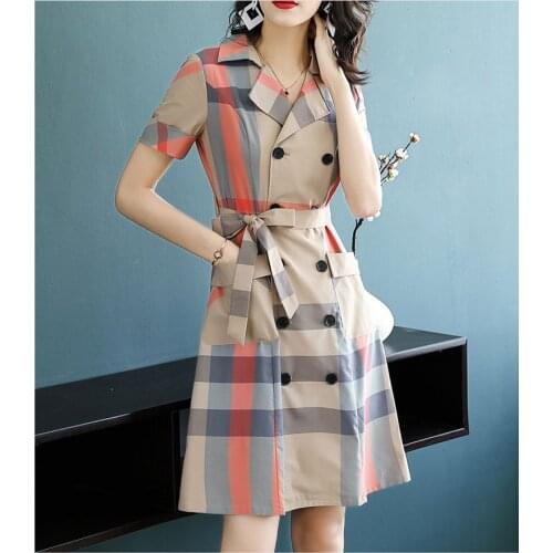 2021 spring and autumn new womens fashion plaid double-breasted windbreaker turn skirt waist day temperament dress