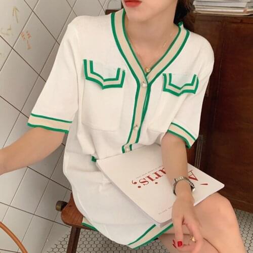 Korea Chic Western Style V-Neck Contrast Color Edging Multi-Pocket Design Pearl Button Loose Short-Sleeved Knitted Dress Women