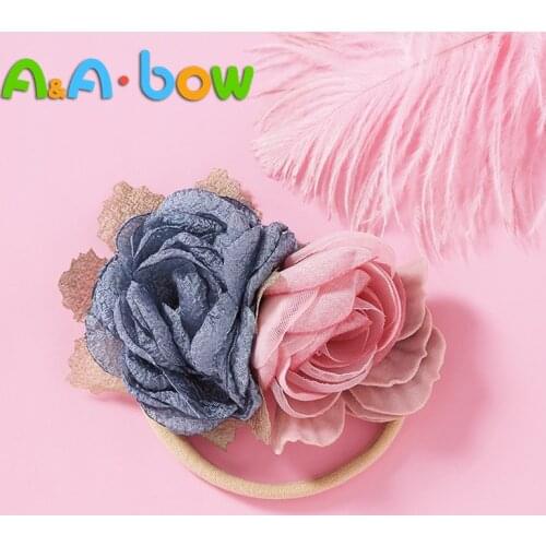 1pc 7 Colors Double Flower Nylon Bow Hair Wraps Baby Girl Headband Cable Knit Baby Cute Headbands Accessories Floral Headwear