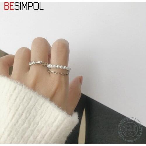 Besimpol Real 925 Sterling Silver Rings Fashion Double Layer Pearl Chain Adjustable Ring For Women Luxury Fine Ring Jewelry Gift