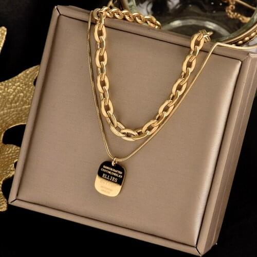 Colorfast 316L stainless steel two-layer necklace, simple small square pendant, light luxury fashion womens gift jewelry