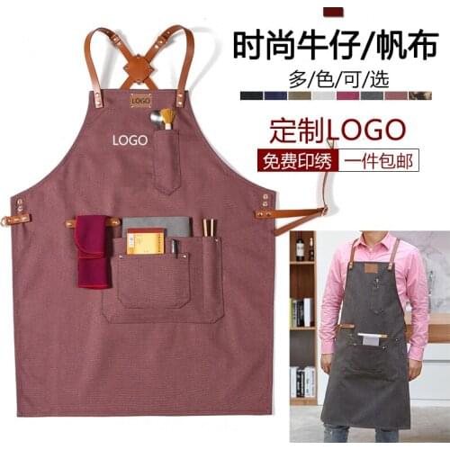 Strap denim canvas cotton apron custom logo printing restaurant milk tea flower shop coffee roaster overalls