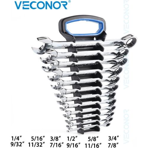 1/4-7/8 Inch Size Keys Ratchet Wrench Set Hand Tools 72-Tooth Ratcheting Spanner Head Wrench with Storage Plastic Rack