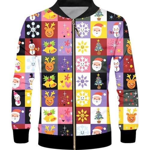 IFPD EU Size 3D Printed Zipper Jackets Christmas Grid Stitching Mens Womens Plus Size Funny Cartoon Xmas Party Casual Coat