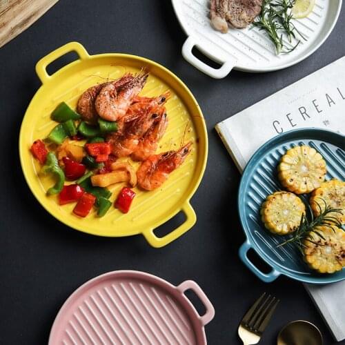 Ceramic Binaural Baked Rice Baking Pan Nordic Round and Fresh Oven Baking Bowl Baking Household Dishes Western Dish Kitchenware