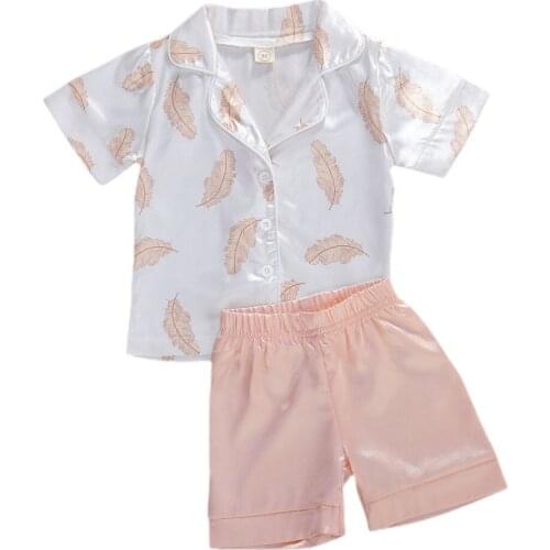 Summer Kids Girls Pajama Sets Silk 2pcs Feather Print Short Sleeve Button Fly Tops+pink Shorts Soft Sleepwear Set 1-6 Years