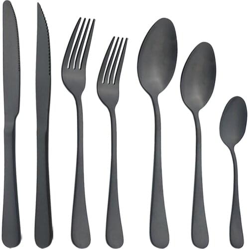 Matte Black Cutlery Set Steak Knives Dessert Forks Coffee Tea Spoon Dinnerware Silverware Stainless Steel Flatware Tableware Set