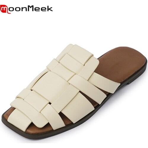 MoonMeek 2021 Hot Sale Rome Shoes Women Slipper Top Quality Genuine Leather Shoes Hollow Out Comfortable Fashion Flat Shoes Lady