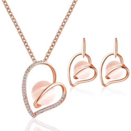 Crystal Necklace Pendant Natural Rose Quartzs Stone heart love BeadChakra Pendant Chain Necklaces earring Jewelry set for wome