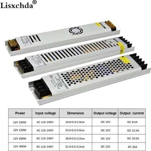 Ultra Thin LED Power Supply DC12V Lighting Transformers 100W 150W 200W 300W AC110-240V Driver For LED Strips