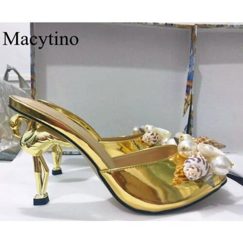 Flamingo strange high-heeled ladies slippers pearl shell decoration rose gold luxury slippers summer ladies party slippers