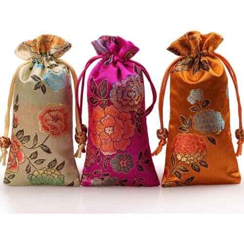 Lengthen Peony Flower Drawstring Gift Bag Comb Jewelry Beads Necklace Storage Pouches Silk brocade Craft Packaging Pocket