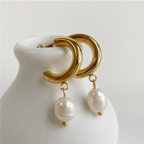 Joolim High End PVD Plated Real Freshwater Pearl Hoop Earrings Stainless Steel Jewelry