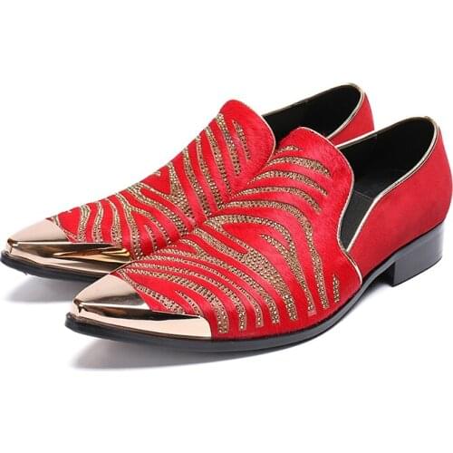 Zapatos hombre red glitter genuine leather mens wedding dress shoes steel toe striped flats elegant gents male shoes