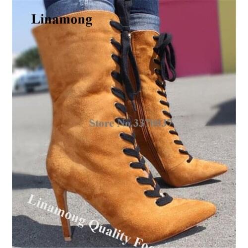 Linamong Women Elegant Pointed Toe Stiletto Heel Short Gladiator Boots Brown Suede Leather Lace-up High Heel Ankle Booties