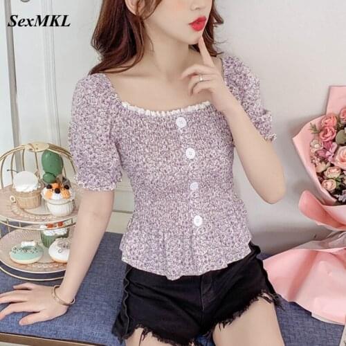 Women Summer Puff Sleeve Tops 2021 Fashion Vintage Lace Floral Printed Chiffon Shirts French Casual Bustier Corset Top Blouse XL