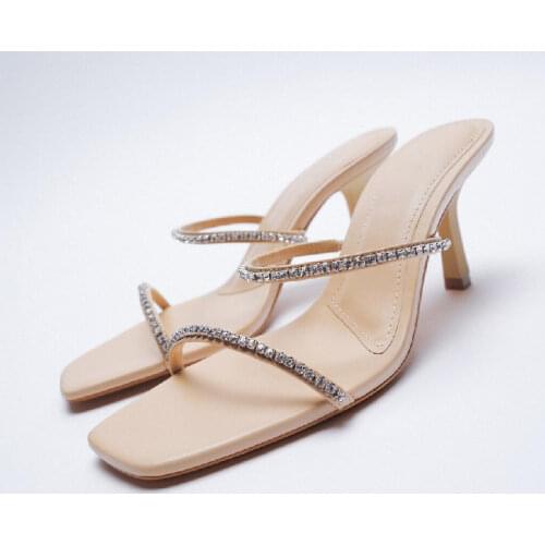 Womens shoes summer 2021 square head water diamond high heel slippers thin heel one line with fairy