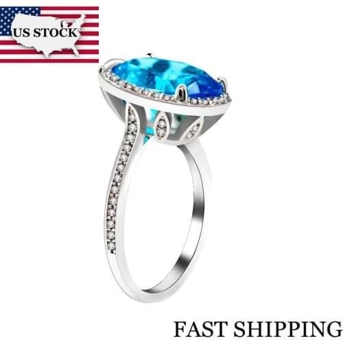 US STOCK Uloveido Wedding Ring for Women Engagement Ring Stone Blue Oval Zirconia Silver Color Jewelry Womens Accessories RJ214